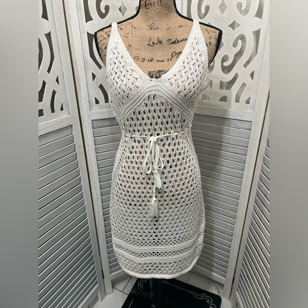 Cupshe White Crochet Plunging Cover-Up Mini Dress